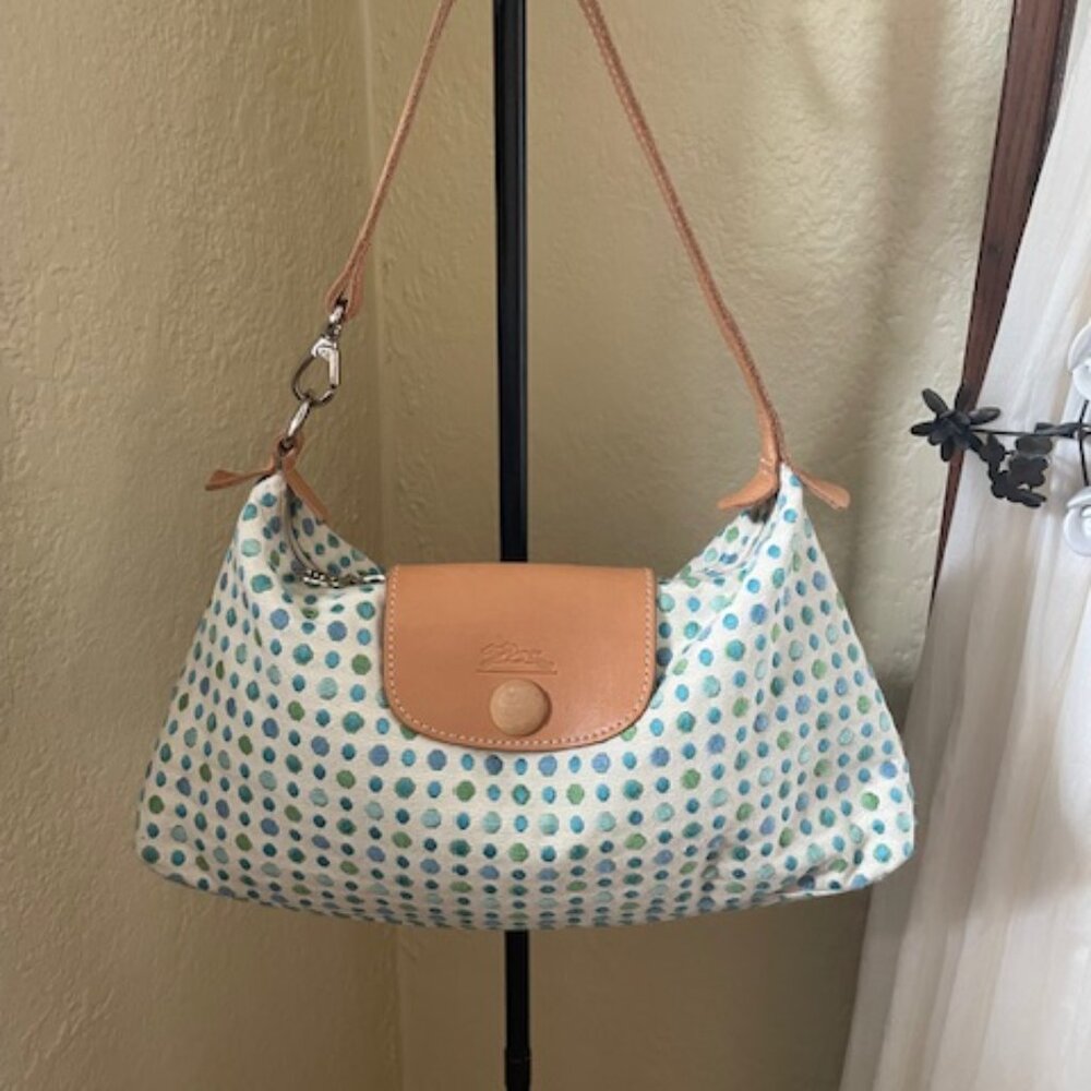 Longchamp Paris Canvas & Leather Polka Dot Shoulder Bag-Made in France-US Seller